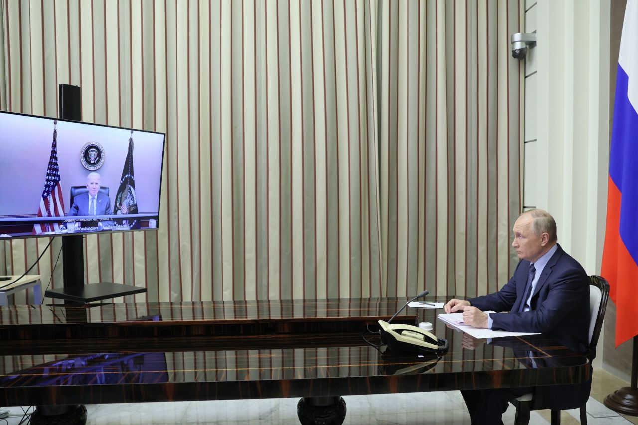 Russian President Vladimir Putin meets with US President Joe Biden via video conference to <a href="https://www.cnn.com/politics/live-news/biden-putin-call-ukraine-russia/index.html" target="_blank">discuss the escalating tensions</a> on Tuesday, December 7.