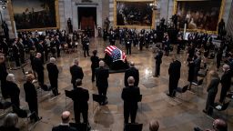 WASHINGTON, DC - DECEMBER 9: The casket of former Sen. Bob Dole (R-KS) arrives in the Rotunda of the U.S. Capitol building, where he will lie in state, on Capitol Hill on December 9, 2021 in Washington, DC. Dole, a veteran who was severely injured in World War II, was a Republican Senator from Kansas from 1969 to 1996. He ran for president three times and became the Republican nominee for president in 1996. (Photo by Jabin Botsford-Pool/Getty Images)