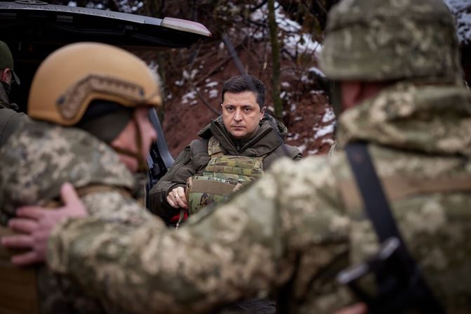 In this handout photo from the Ukrainian Presidency, Ukrainian President Volodymyr Zelensky visits the front line in Donbass, Ukraine, on Monday, December 6.