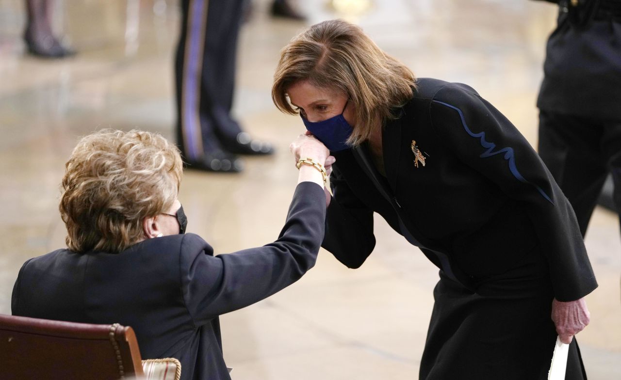 US House Speaker Nancy Pelosi greets Elizabeth Dole. Pelosi, McConnell and Senate Majority Leader Chuck Schumer all paid tribute to Dole, praising his public service and character.