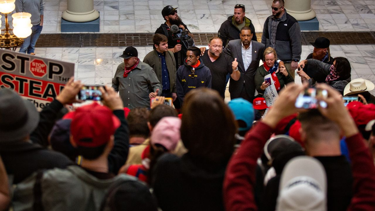 Conspiracy theorist Alex Jones, with Ali Alexander and Vernon Jones, at the Stop the Steal rally at the Georgia Capitol Building in Atlanta.