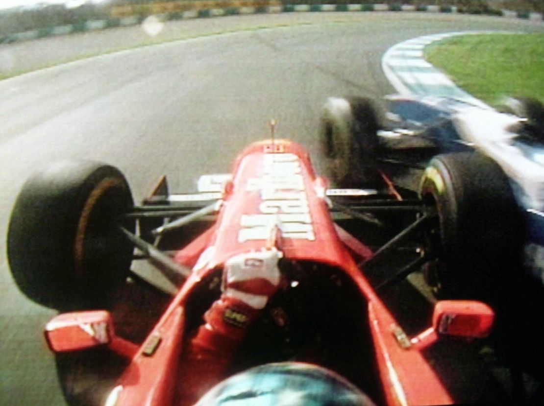 A TV picture released by the German RTL station shows the incident during the European Grand Prix where Michael Schumacher (L) collided with Jacques Villeneuve. 