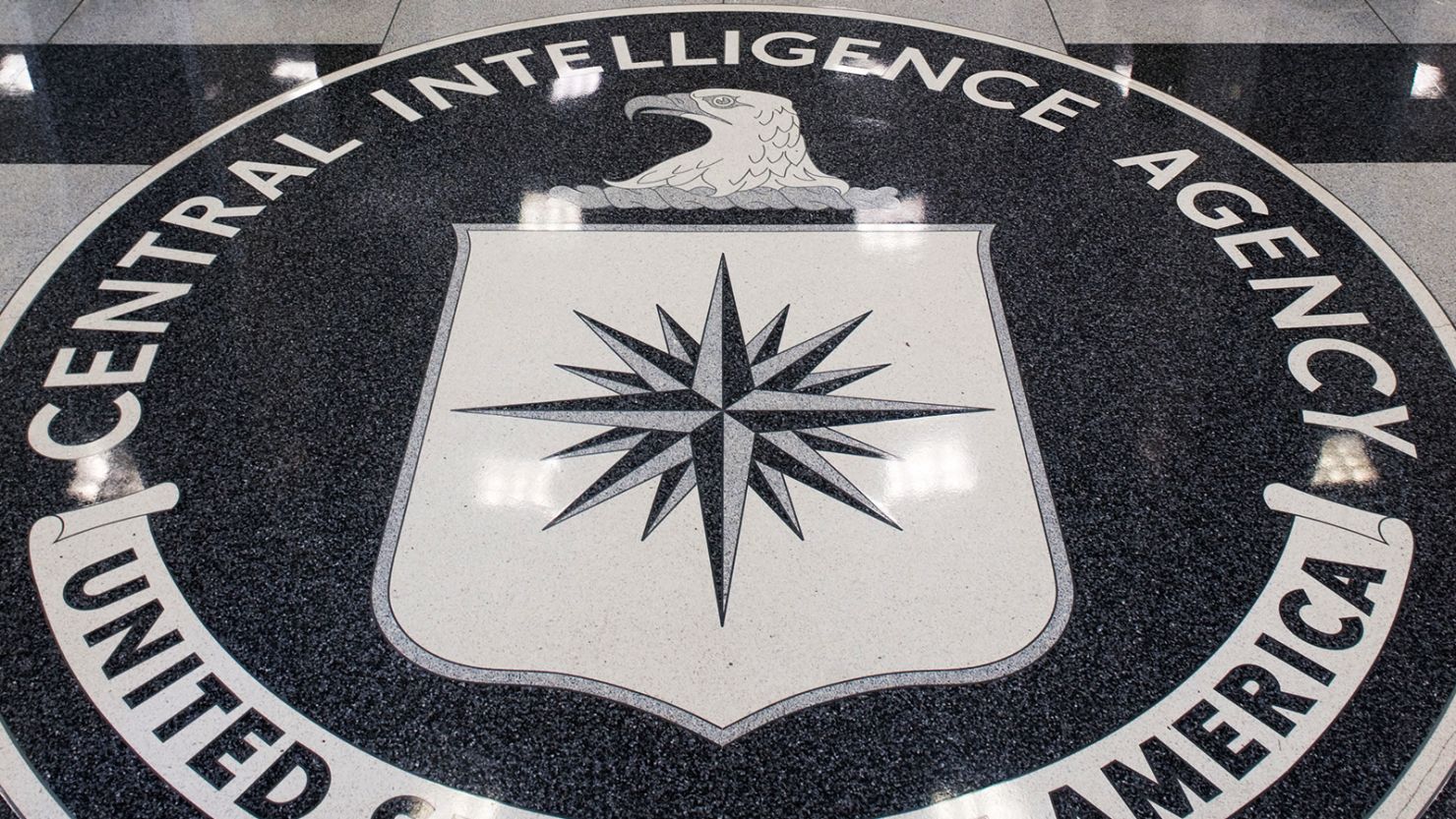 The Central Intelligence Agency logo is displayed in the lobby of CIA Headquarters in Langley, Virginia.