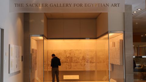 A sign welcomes visitors to the Sackler Wing at the Metropolitan Museum of Art in New York in 2019. 