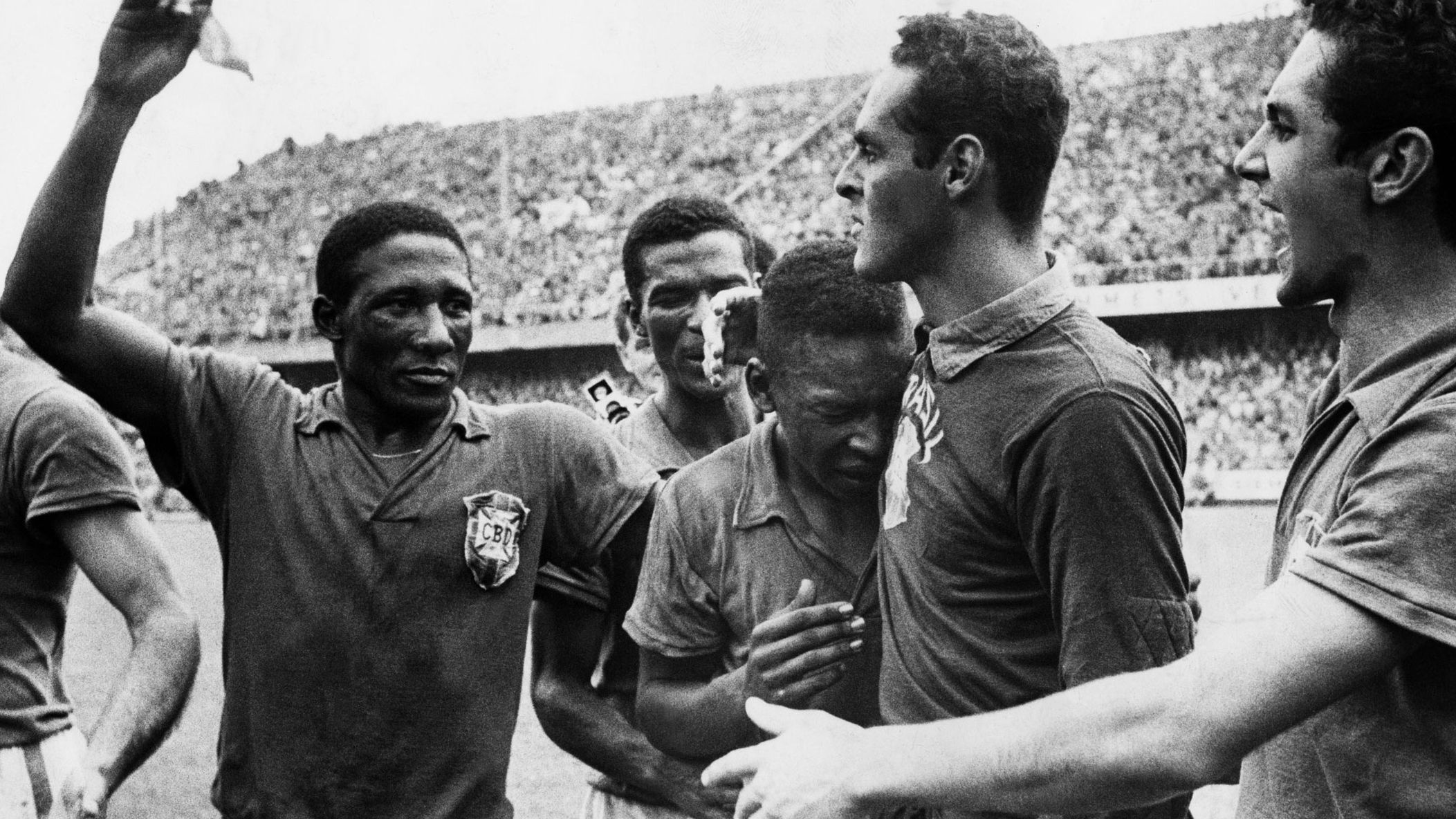 Pelé cries on Brazilian teammate Gilmar after winning the World Cup in 1958. In addition to scoring twice in the final, Pelé scored a hat trick in the semifinal win against France. He also scored the team's lone goal in the quarterfinal win over Wales.