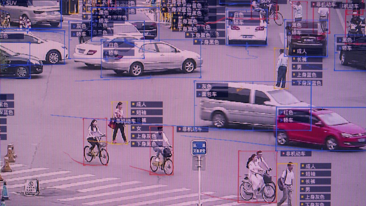 A screen showing a demonstration of SenseTime's SenseVideo pedestrian and vehicle recognition system at the company's showroom in Beijing in 2018. 