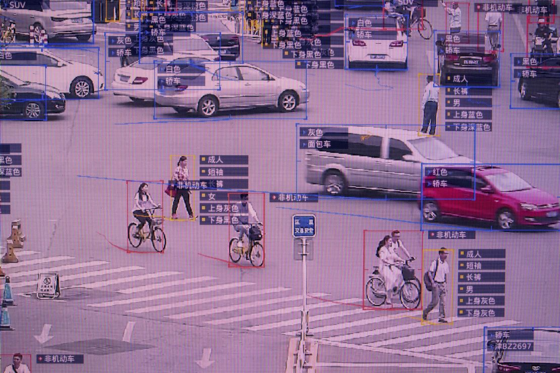 A screen showing a demonstration of SenseTime's SenseVideo pedestrian and vehicle recognition system at the company's showroom in Beijing in 2018. 