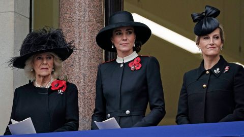 (L-R) Camilla, Duchess of Cornwall, Catherine, Duchess of Cambridge and Sophie, Countess of Wessex at the Remembrance Sunday ceremony in London, on November 14, 2021.