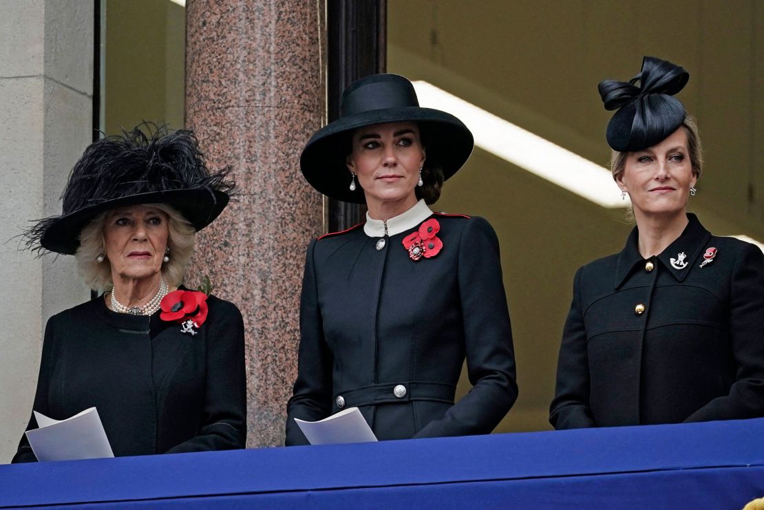 (L-R) Camilla, Duchess of Cornwall, Catherine, Duchess of Cambridge and Sophie, Countess of Wessex at the Remembrance Sunday ceremony in London, on November 14, 2021.