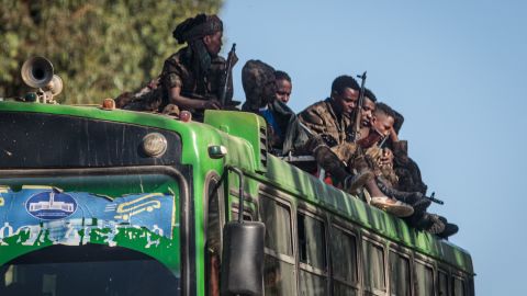 Soldiers of the Ethiopian National Defense Force (ENDF) ride on a bus in Gashena, Ethiopia, on December 6, 2021.c