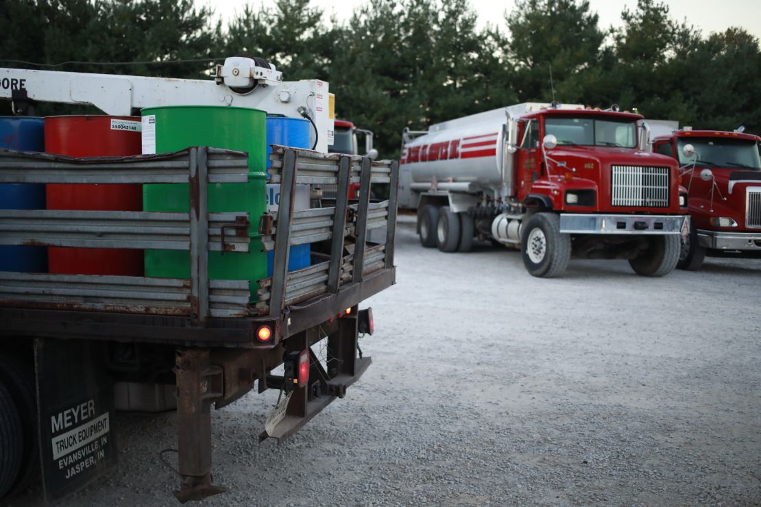 Oil delivery trucks parked at Jacobi Oil Service Inc. in Floyds Knobs, Indiana, on Oct. 20, 2021.