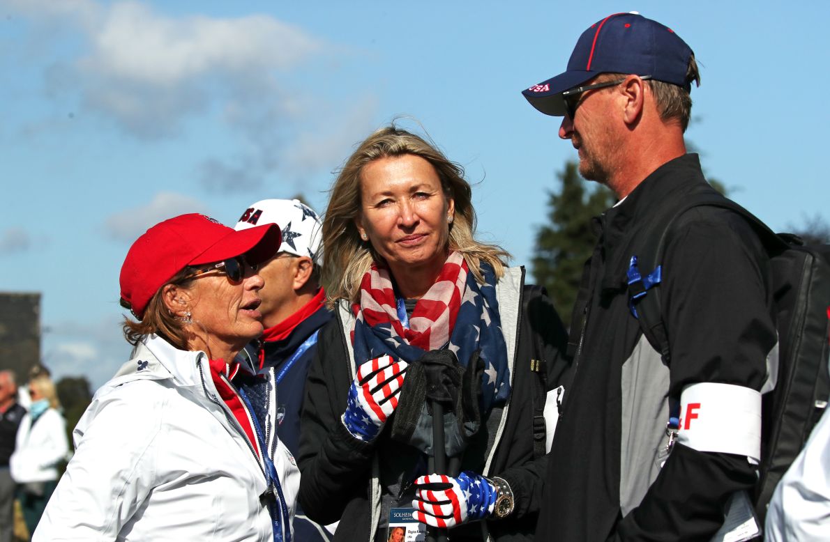 Jessica and Nelly both credit their parents for garnering their interest in sport.  Jessica remembers being thrown into "gymnastics to figure skating, to ballet to tap dance, tennis, golf."<br />At the 2019 Solheim Cup, Team US captain Juli Inkster (left) speaks to Regina and Petr Korda. 