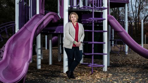 Nicole Hockley poses for a portrait at a playground dedicated to her son Dylan, a Sandy Hook victim, in Westport, Connecticut.