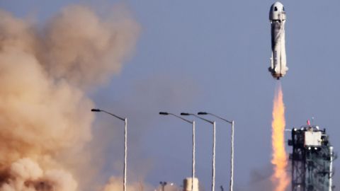 Blue Origin's New Shepard lifts off from the launch pad carrying 90-year-old Star Trek actor William Shatner and three other civilians on October 13, 2021 near Van Horn, Texas.