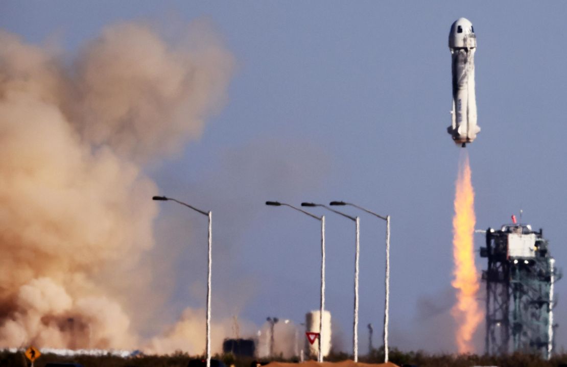 Blue Origin's New Shepard lifts off from the launch pad carrying 90-year-old Star Trek actor William Shatner and three other civilians on October 13, 2021 near Van Horn, Texas. 