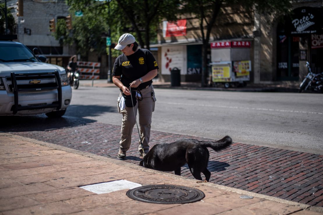  An ATF K9 unit surveys the area near the scene of a mass shooting on June 12, 2021, in Austin, Texas. Austin has recorded 88 homicides so far this year. 