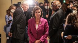 Speaker of the House Nancy Pelosi, joined by House Majority Leader Steny Hoyer, left, and House Majority Whip James Clyburn, right, after speaking with reporters at the Capitol in Washington on November 5, 2021.