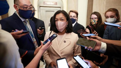 Rep. Pramila Jayapal of Washington, the chair of the Congressional Progressive Caucus, is seen after a meeting with Pelosi in her office in the Capitol in September.