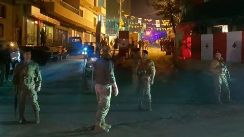 Lebanese army soldiers block the main entrance of Burj Shamali Palestinian refugee camp.