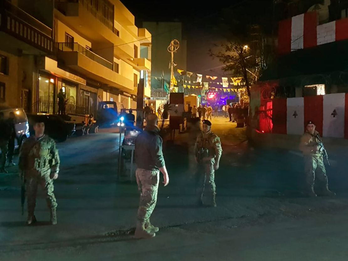 Lebanese army soldiers block the main entrance of Burj Shamali Palestinian refugee camp.