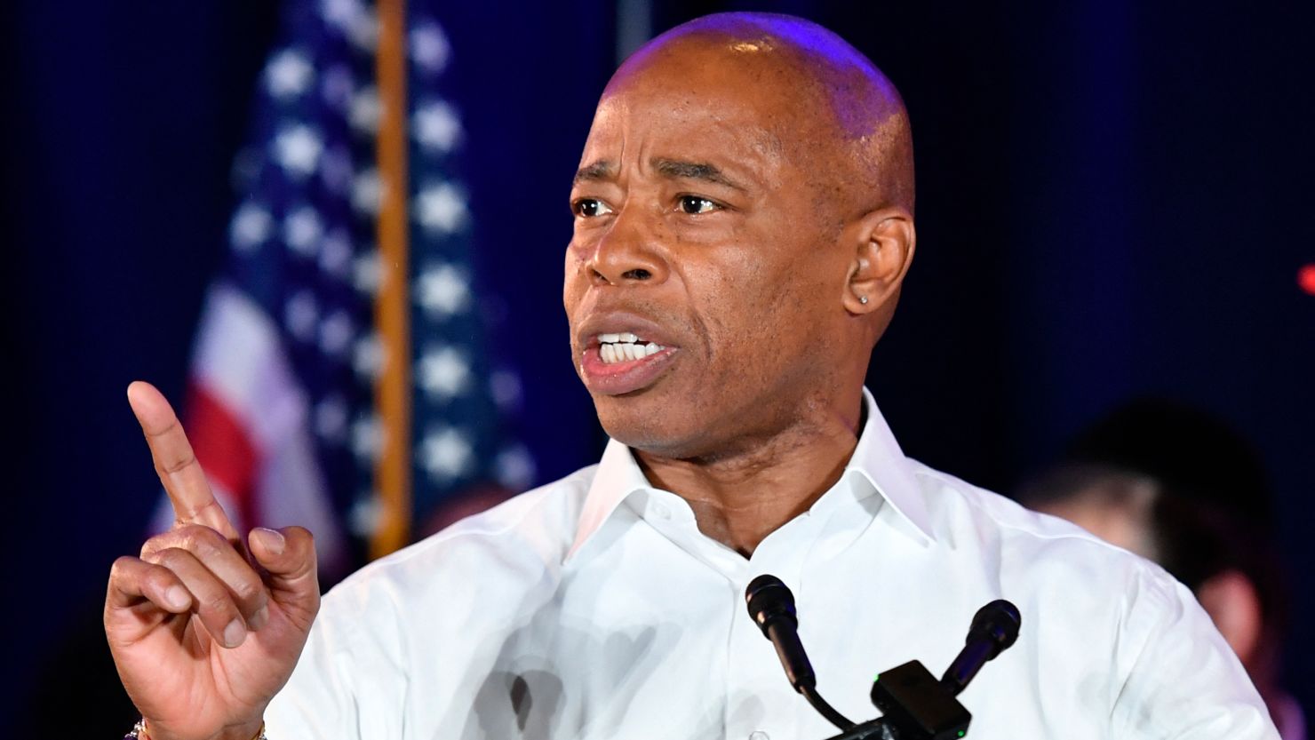 Eric Adams speaks to supporters during his election victory night party at the Brooklyn Marriott on November 2, 2021, in New York City. 