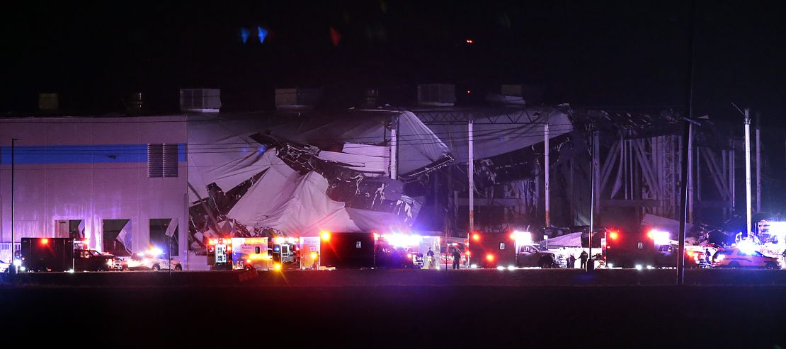 The Amazon distribution center is partially collapsed in Edwardsville, Illinois. 