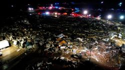 Debris and structural damage can be seen at the Mayfield Consumer Products candle factory, in Mayfield, Kentucky, early Saturday, December 11, 2021, following devastating tornadoes Friday night.
 
