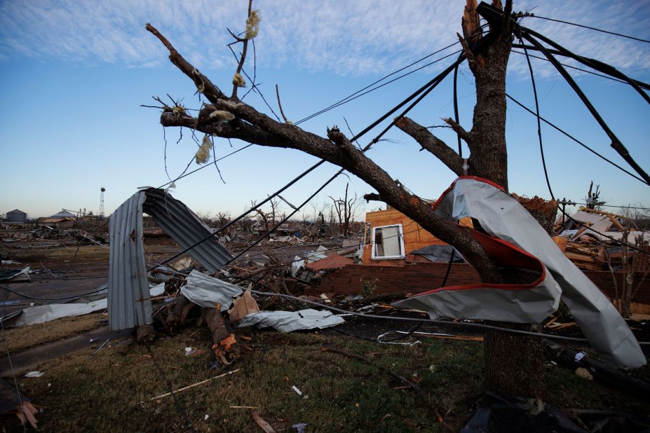 Heavy damage is seen in downtown Mayfield.