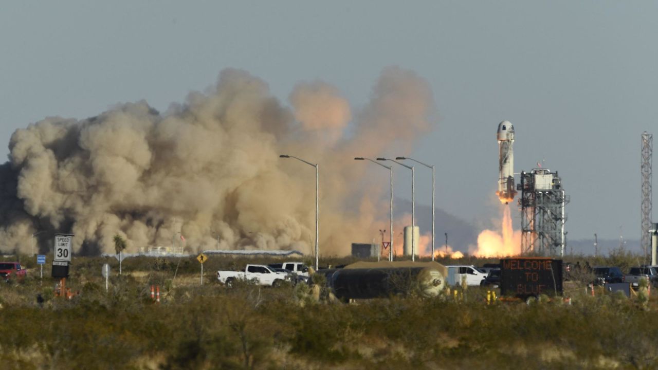 A Blue Origin New Shepard rocket launches on December 11, 2021, in West Texas near Van Horn. The NS-19 mission took Laura Shepard Churchley, eldest daughter of famed NASA astronaut Alan Shepard, Television talk show host Michael Strahan and paying passengers Dylan Taylor, Evan Dick, Lane Bess and Cameron Bess into space.