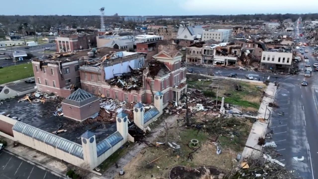 The damaged courthouse and other buildings in downtown Mayfield, Kentucky, are seen in this image made from a drone.