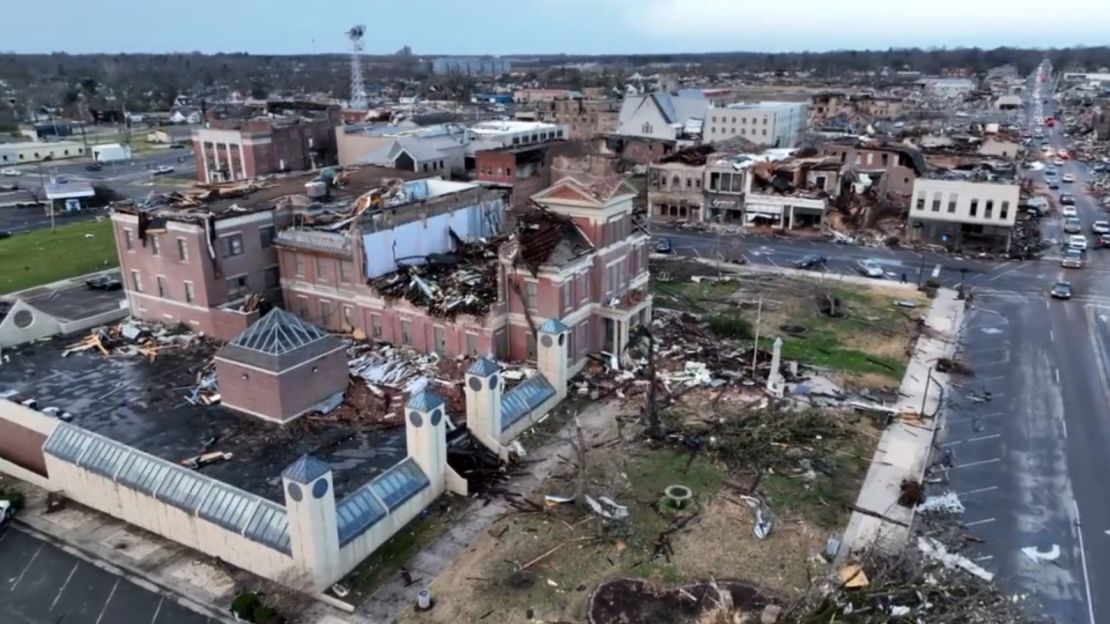 The damaged courthouse and other buildings in downtown Mayfield, Kentucky, are seen in this image made from a drone.