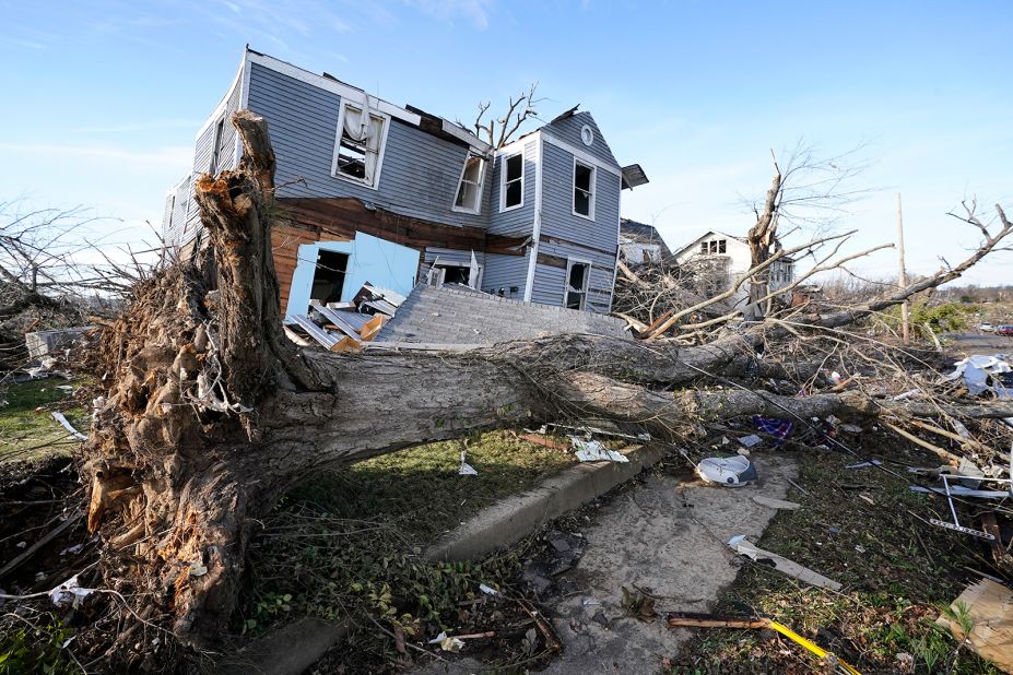 An overturned tree sits in front of a tornado-damaged home in Mayfield.