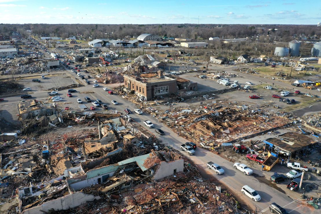 In this aerial view, homes and businesses are destroyed after a tornado ripped through town the previous evening on December 11, 2021, in Mayfield, Kentucky. 