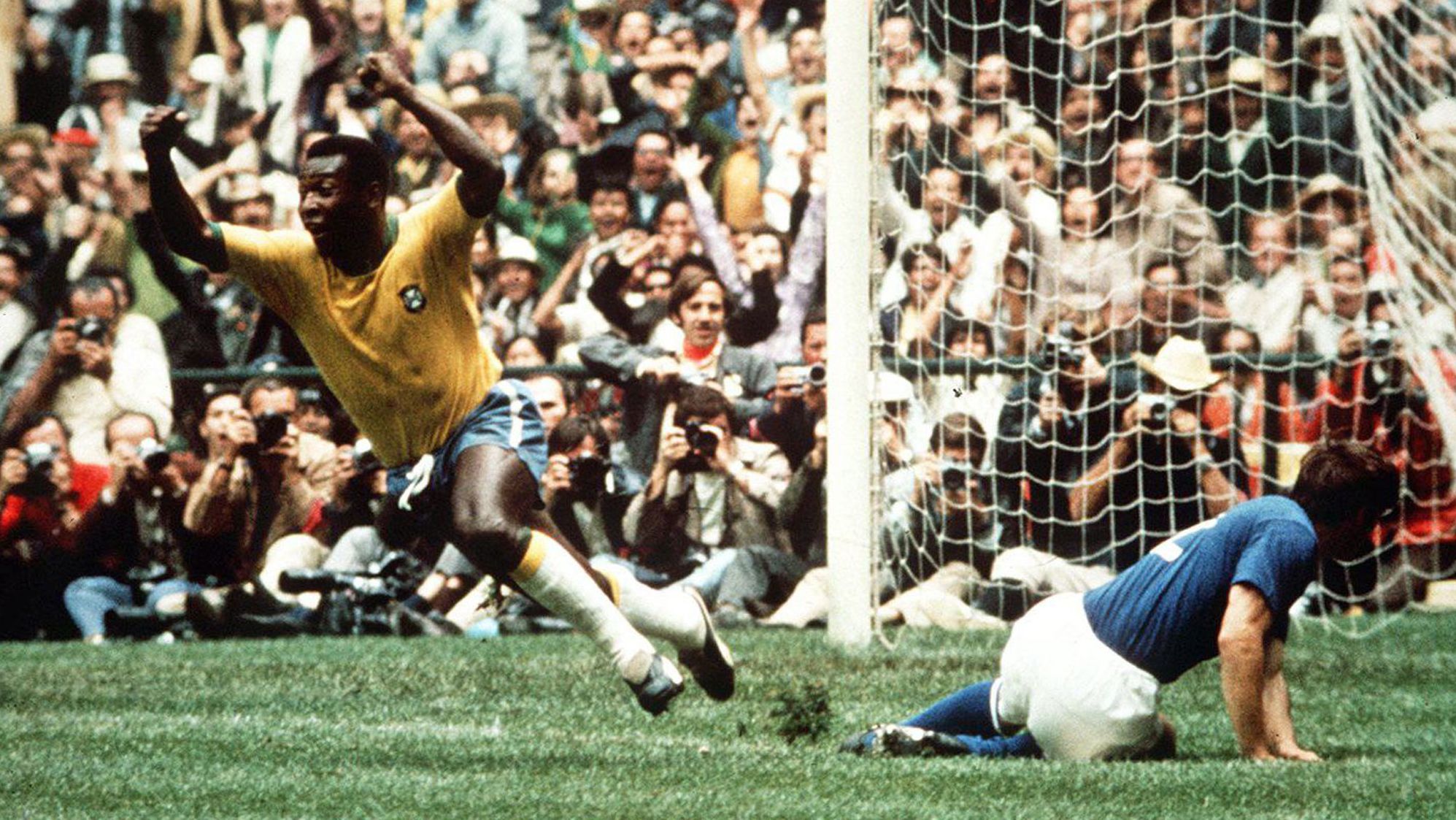 Pelé celebrates after scoring the first goal for Brazil in the 1970 World Cup final against Italy. The Brazilians won 4-1. "Before the match, I told myself that Pelé was just flesh and bones like the rest of us," Italian defender Tarcisio Burgnich said after the match. "Later, I realized I'd been wrong."