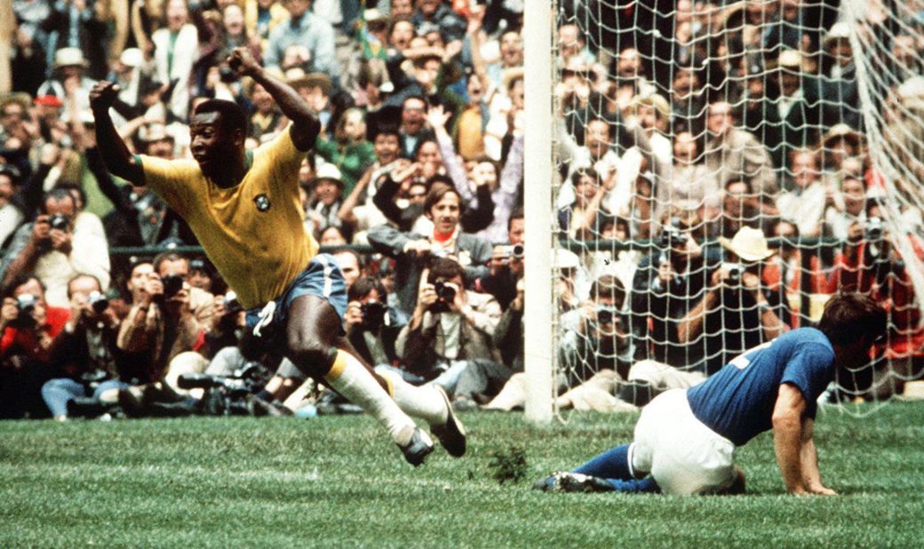 Pelé celebrates after scoring the first goal for Brazil in the 1970 World Cup final against Italy. The Brazilians won 4-1. "Before the match, I told myself that Pelé was just flesh and bones like the rest of us," Italian defender Tarcisio Burgnich said after the match. "Later, I realized I'd been wrong."