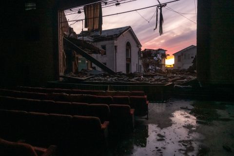 A damaged theater is seen in Mayfield on December 11.