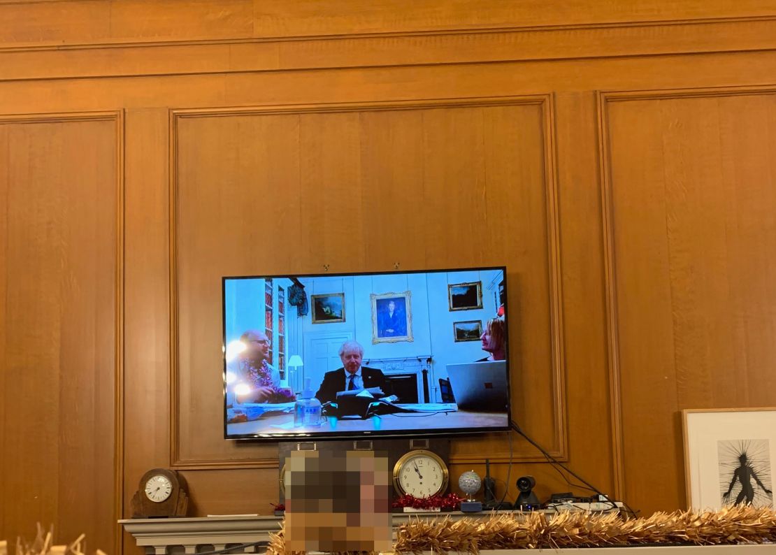 This picture obtained by The Mirror shows Boris Johnson hosting a Christmas quiz party at 10 Downing Street last year. (Image was blurred by the source.)