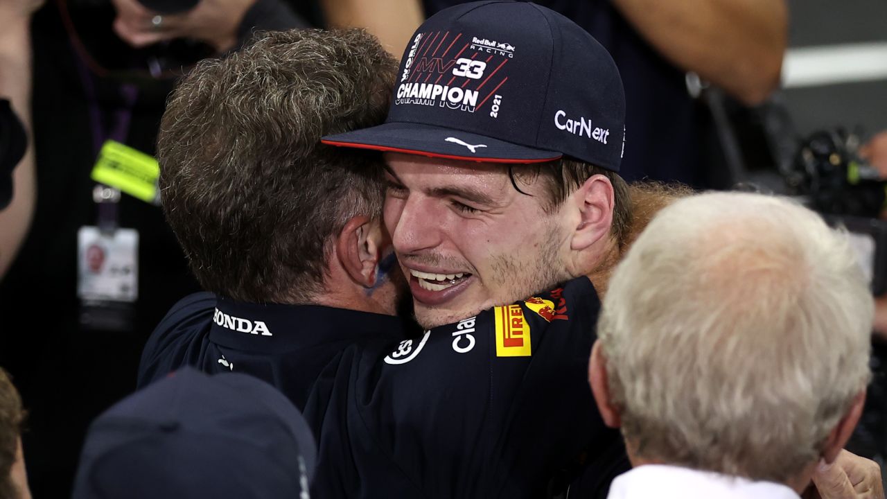Verstappen celebrates with Red Bull Racing team principal Christian Horner.