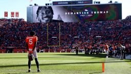 DENVER, COLORADO - DECEMBER 12: Teddy Bridgewater #5 of the Denver Broncos looks on during the tribute to the late former Denver Broncos player Demaryius Thomas before the game between the Detroit Lions and the Denver Broncos at Empower Field At Mile High on December 12, 2021 in Denver, Colorado. (Photo by Matthew Stockman/Getty Images)