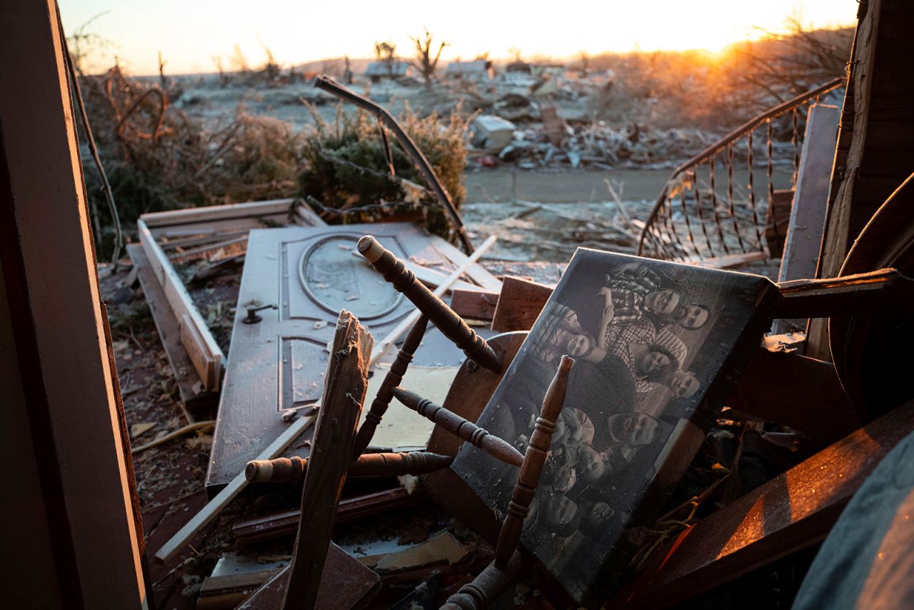 A family photo lies among the debris inside a house on December 12 after a tornado in Dawson Springs.