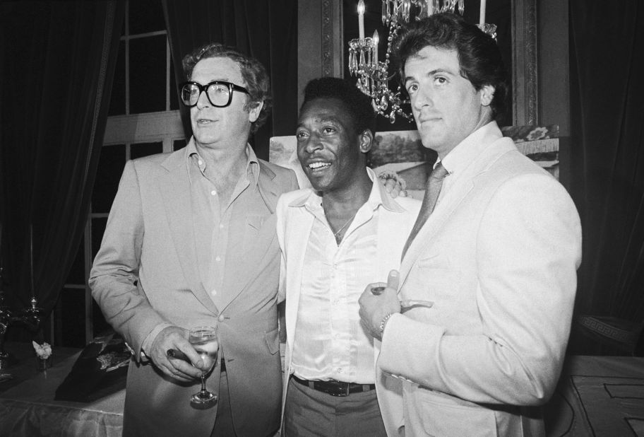 Pelé attends a party with actors Michael Caine, left, and Sylvester Stallone. The three starred together in the 1981 film "Escape to Victory."