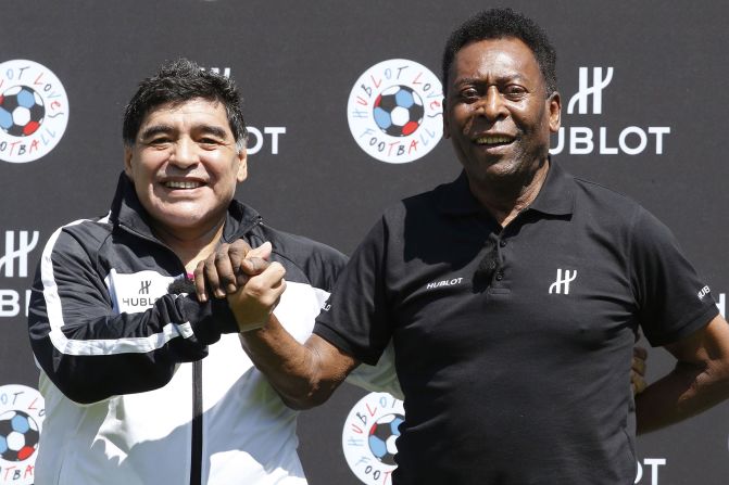 Pelé and Argentine soccer great <a href="index.php?page=&url=http%3A%2F%2Fwww.cnn.com%2F2020%2F11%2F25%2Ffootball%2Fgallery%2Fdiego-maradona%2Findex.html" target="_blank">Diego Maradona</a> pose for a photo together in 2016. The two shared FIFA's Player of the Century award in 2000. After Maradona's death in 2020, <a href="index.php?page=&url=https%3A%2F%2Fwww.instagram.com%2Fp%2FCIBZkvFlwhU%2F" target="_blank" target="_blank">Pelé paid tribute to his "dear friend" on Instagram:</a> "One day, I hope, we will play soccer together in the sky."