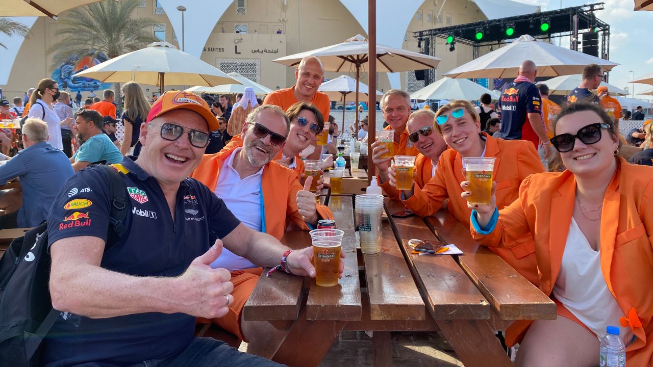Kees Saton (front left) enjoying the party atmosphere before Sunday's race at Yas Marina Circuit. 