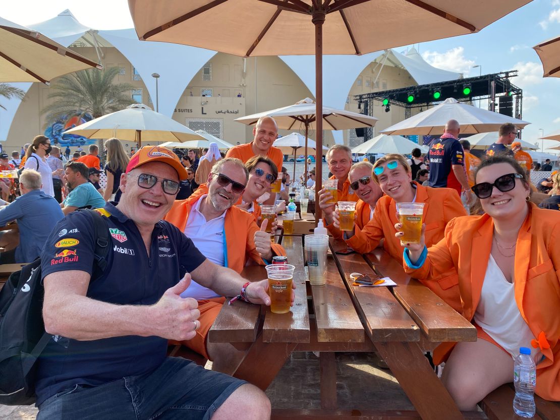 Kees Saton (front left) enjoying the party atmosphere before Sunday's race at Yas Marina Circuit. 