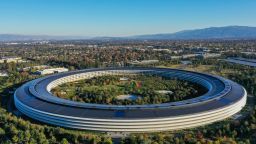 An aerial view of Apple Park is seen in Cupertino, California, on October 28, 2021. 