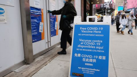A COVID-19 vaccination pop-up site stands in Times Square on December 09, 2021 in New York City. 