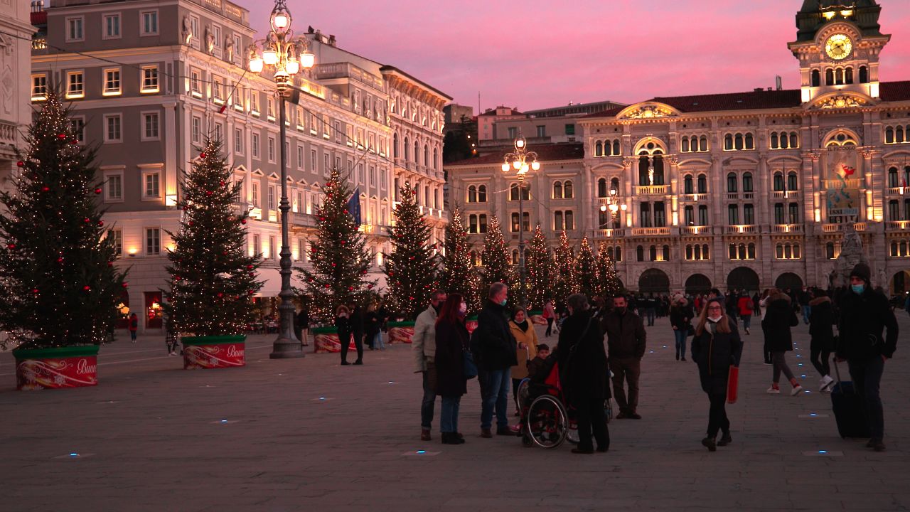 Christmas trees in Plaza Unidad de Italia (Piazza Unità d'Italia) in Trieste, Italy, on December 12, 2021. (Photo by Manuel Romano/NurPhoto via Getty Images)