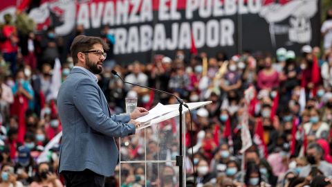 Chilean presidential candidate Gabriel Boric speaks to supporters during a political rally in Santiago, Chile on December 11, 2021.