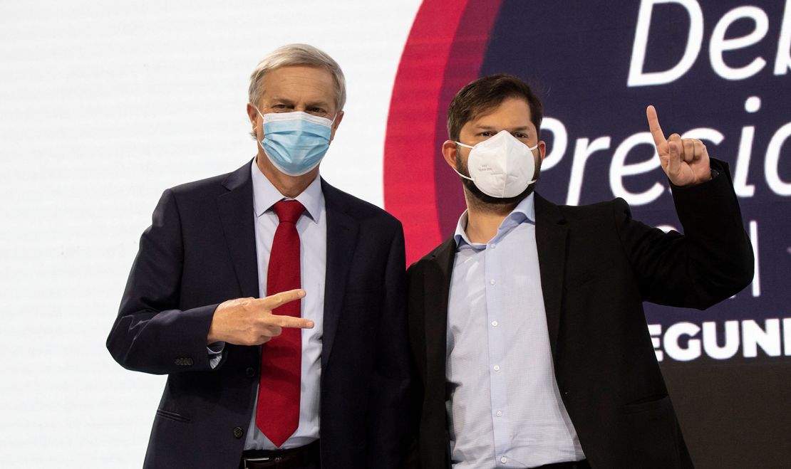 Chilean presidential candidates Gabriel Boric (right) and Jose Kast pose before a debate in Santiago, Chile on December 10.