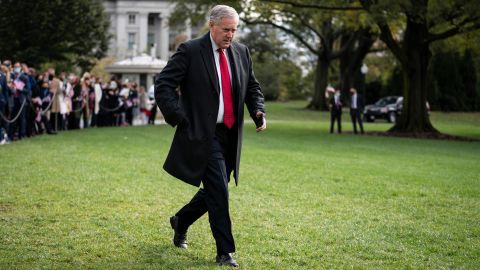 Then-White House chief of staff Mark Meadows walks along the South Lawn of the White House on October 30, 2020, in Washington, DC. 